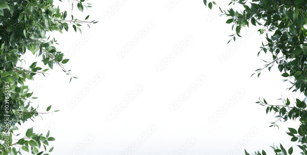A serene border of green leaves framing a blank white space, ideal for presentations or invitations. A serene border of green leaves framing a blank white space, ideal for presentations or invitations.