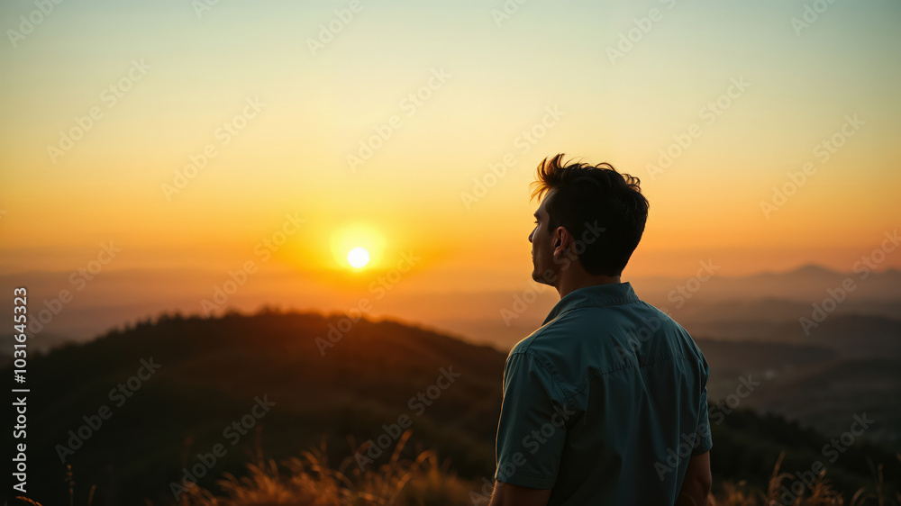 Contemplative Man Enjoying Scenic Mountain Sunset View Contemplative Man Enjoying Scenic Mountain Sunset View
