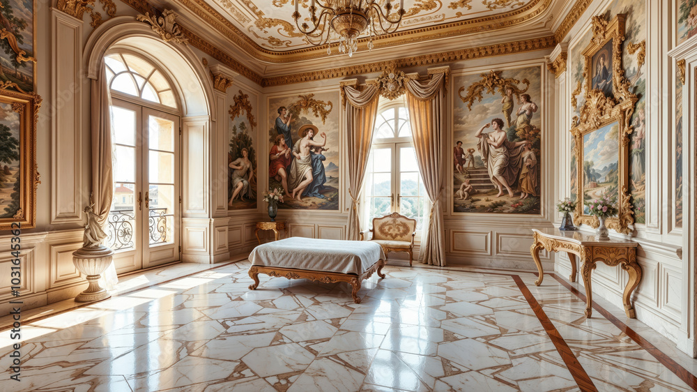 Fototapeta premium Luxurious Baroque Bedroom With Ornate Gold Decor and Artwork