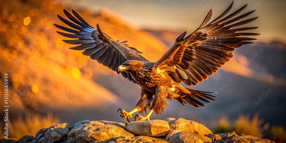 Obraz premium Stunning Food Photography of a Landing Steppe Eagle with Prey in Natural Habitat
