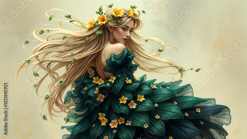 Enchanting Woman in Green Floral Dress with Butterfly