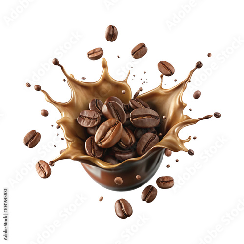 Coffee beans with chocolate and milk splashes png background