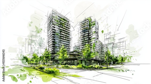 High-rise buildings with greenery symbolize sustainable urban living and urban planning. #1031646343