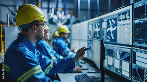 Engineers Collaborating on Renewable Energy Data Analysis in a High-Tech Control Room Environment