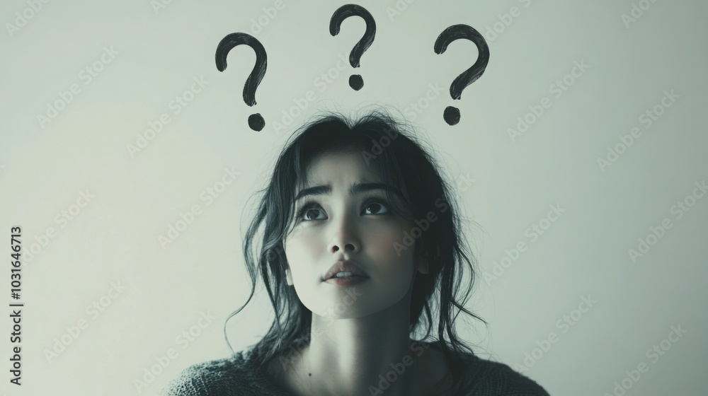 person lost in thought, with two question marks in different sizes floating above their head. person lost in thought, with two question marks in different sizes floating above their head.