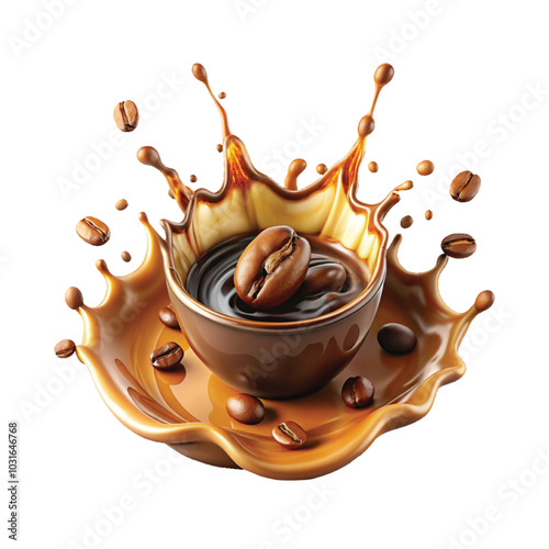 Coffee beans with chocolate and milk splashes png background