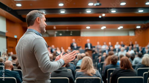 Rear view of people in audience at the conference hall, Speaker giving a talk in conference hall at business event.