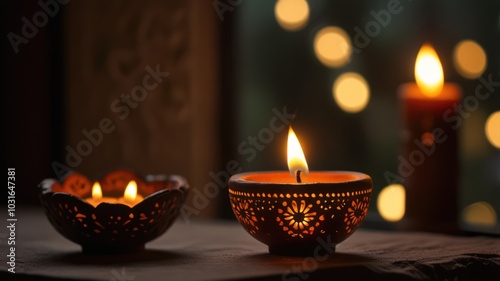 Two burning candles in clay holders with intricate carvings, one large and one small, on a wooden surface with bokeh lights in the background.