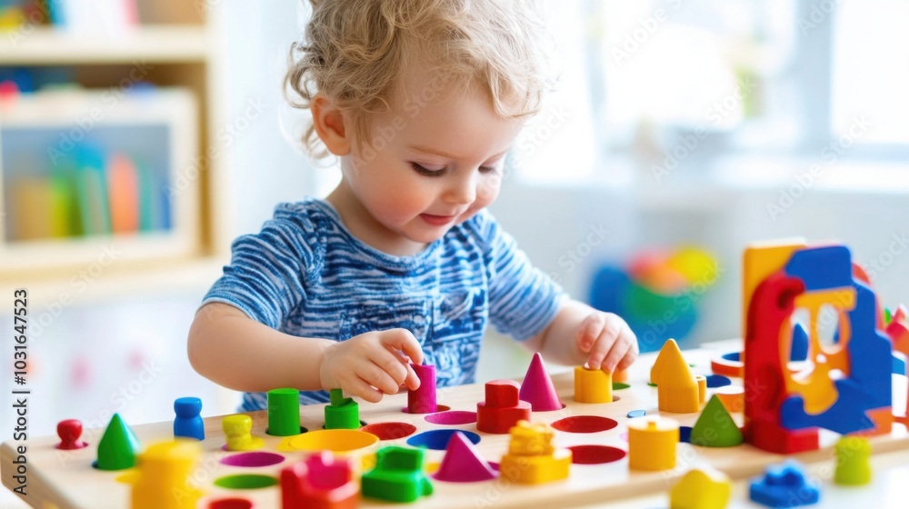 A happy toddler working on a wooden shape sorter, carefully placing pieces into the corresponding holes A happy toddler working on a wooden shape sorter, carefully placing pieces into the corresponding holes