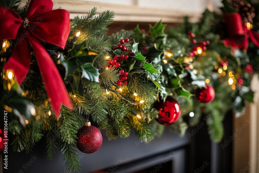 Christmas Garland with Red Ornaments and Lights. Christmas Garland with Red Ornaments and Lights.