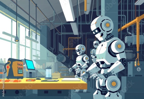 Robot Factory A technological illustration of a robot factory wi