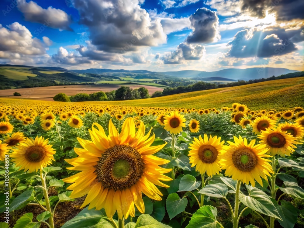 Obraz premium Stunning Hyperlapse of Sunflower Field on a Bright Summer Day