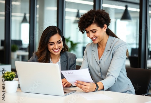Two professional women collaborating happily over a laptop in a
