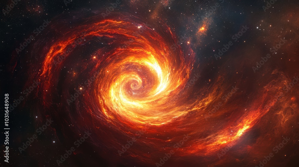 Infinite cosmic spiral of fiery light, gas, and dust twisting through the vast darkness of space. Infinite cosmic spiral of fiery light, gas, and dust twisting through the vast darkness of space.