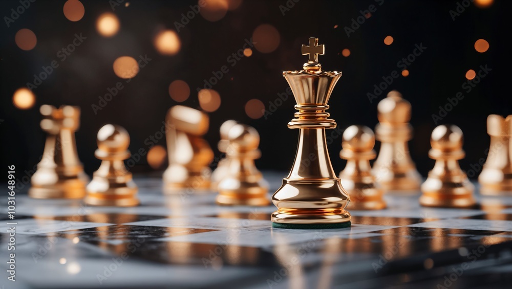 A captivating close-up of a golden chess king set against a blurred background of golden lights, representing strategy, intellect, and the timeless allure of chess. A captivating close-up of a golden chess king set against a blurred background of golden lights, representing strategy, intellect, and the timeless allure of chess.