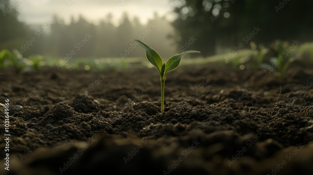 A Single Green Sprout Emerging from Dark Soil A Single Green Sprout Emerging from Dark Soil