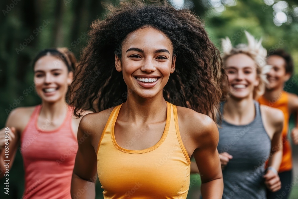 Happy runner woman in a yellow tank top running with friends in a park. Happy runner woman in a yellow tank top running with friends in a park.