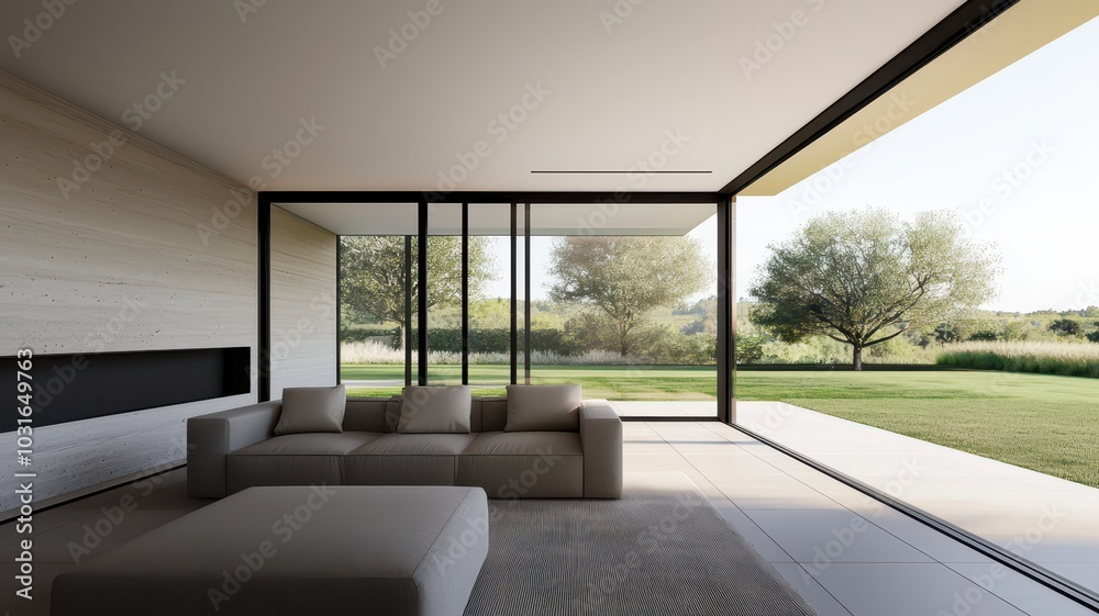 Stylish open-plan interior with folding doors leading to a serene summer garden retreat. Stylish open-plan interior with folding doors leading to a serene summer garden retreat.