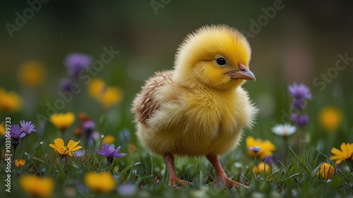 A fluffy yellow chick stands in a field of wildflowers, its head tilted to the side as if listening to something.