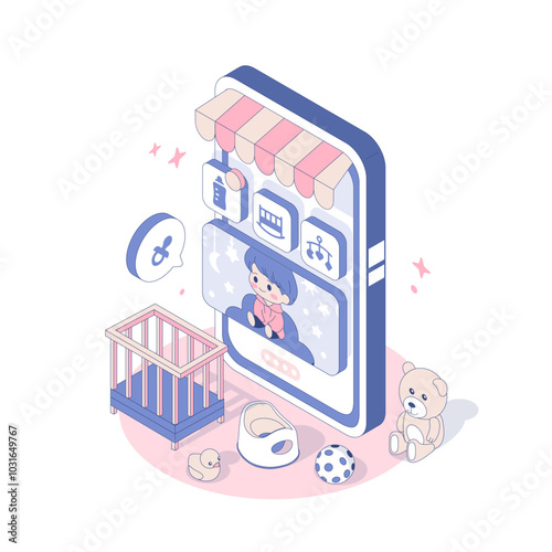 Children goods store. Babies mobile application. Phone with  market awning. Isometric vector illustration