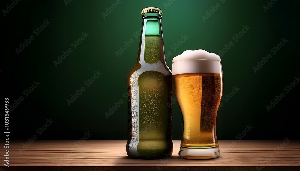 Product photography, advertising poster, beer bottle with beer glass It looks delicious and has a cool atmosphere. Product photography, advertising poster, beer bottle with beer glass It looks delicious and has a cool atmosphere.