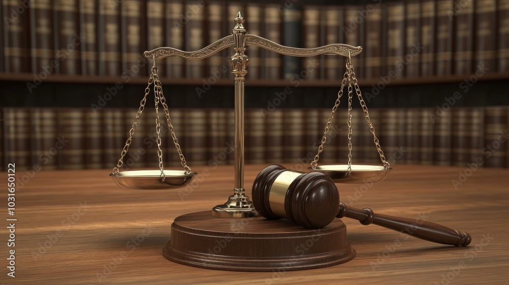 A gavel and scales of justice lie on a wooden table in front of a bookshelf filled with law books. A gavel and scales of justice lie on a wooden table in front of a bookshelf filled with law books.