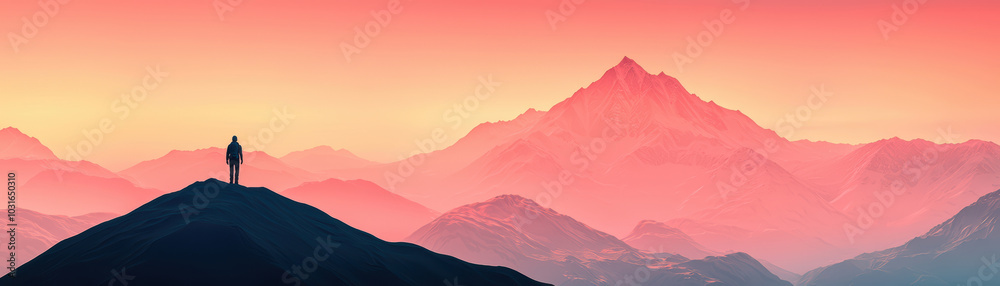 A solitary figure standing on a mountain ridge against a stunning pink and purple sunset landscape. A solitary figure standing on a mountain ridge against a stunning pink and purple sunset landscape.