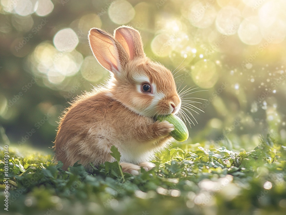 2408 54.A charming baby rabbit, covered in fluffy brown and white fur, nibbling on a piece of fresh vegetable while sitting on green grass. The springtime background is filled with soft light and a 2408 54.A charming baby rabbit, covered in fluffy brown and white fur, nibbling on a piece of fresh vegetable while sitting on green grass. The springtime background is filled with soft light and a