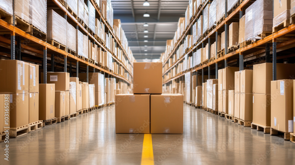 Efficient warehouse storage with clear safety markings, showcasing neatly stacked cardboard boxes in organized layout. bright lighting enhances spacious feel of environment Efficient warehouse storage with clear safety markings, showcasing neatly stacked cardboard boxes in organized layout. bright lighting enhances spacious feel of environment