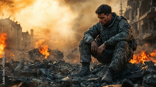 A soldier is sitting on a large pile of rubble in front of a warm fire