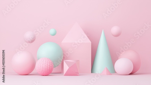 Modern Abstract 3D Design: Geometric Shapes in Soft Pastel Colors with Gentle Shadows for a Contemporary Look.