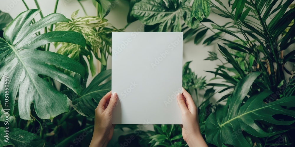 Nature-inspired mockup: woman holding blank paper amidst lush greenery for design projects Nature-inspired mockup: woman holding blank paper amidst lush greenery for design projects