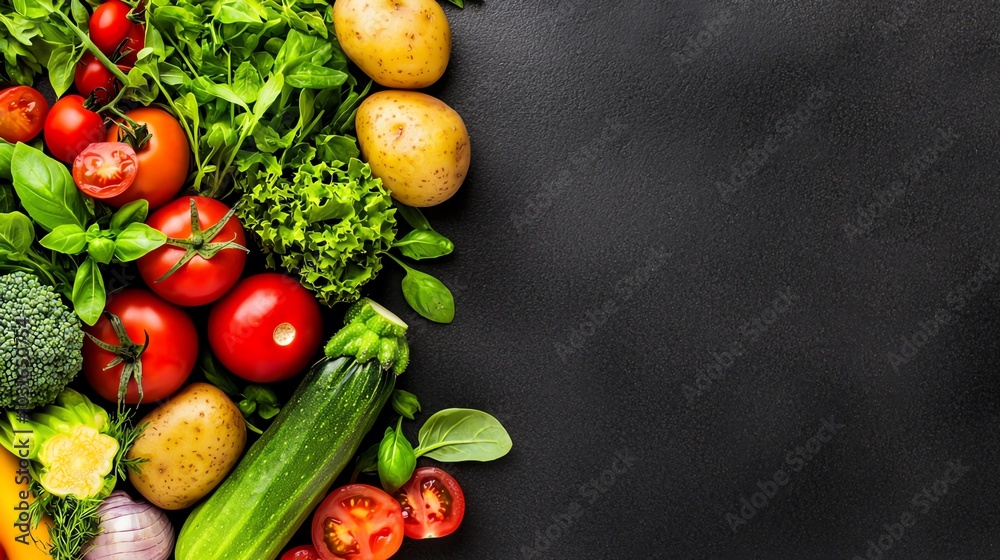 Fresh vegetables and greens arranged on a dark surface, showcasing a vibrant assortment of colors and textures. Fresh vegetables and greens arranged on a dark surface, showcasing a vibrant assortment of colors and textures.