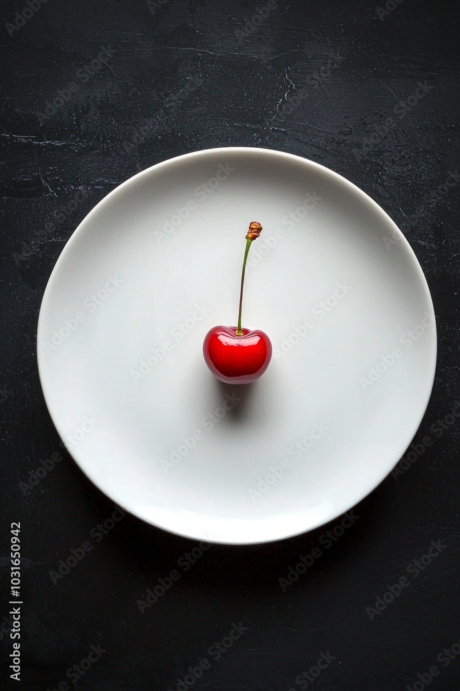 A minimalist shot of a white plate with a single cherry on a matte black surface A minimalist shot of a white plate with a single cherry on a matte black surface