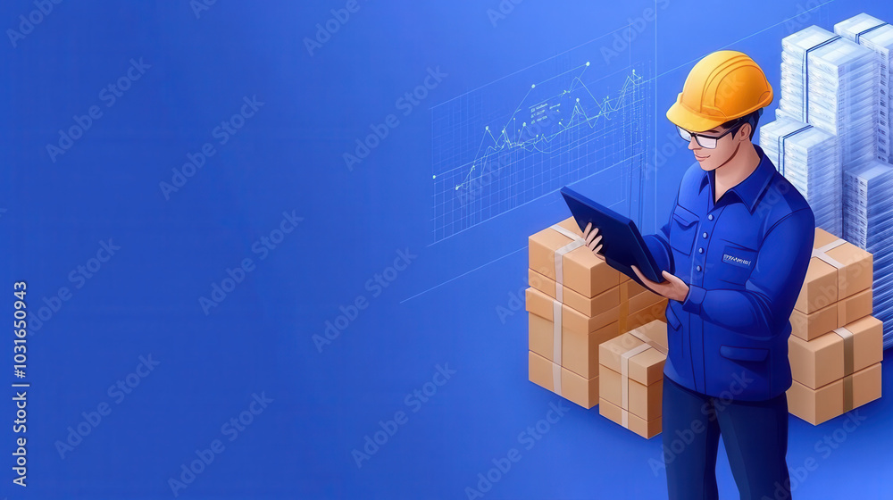 Warehouse worker interacting with AI driven technology while analyzing data on tablet. scene showcases professional environment with boxes and charts in background, emphasizing efficiency and Warehouse worker interacting with AI driven technology while analyzing data on tablet. scene showcases professional environment with boxes and charts in background, emphasizing efficiency and
