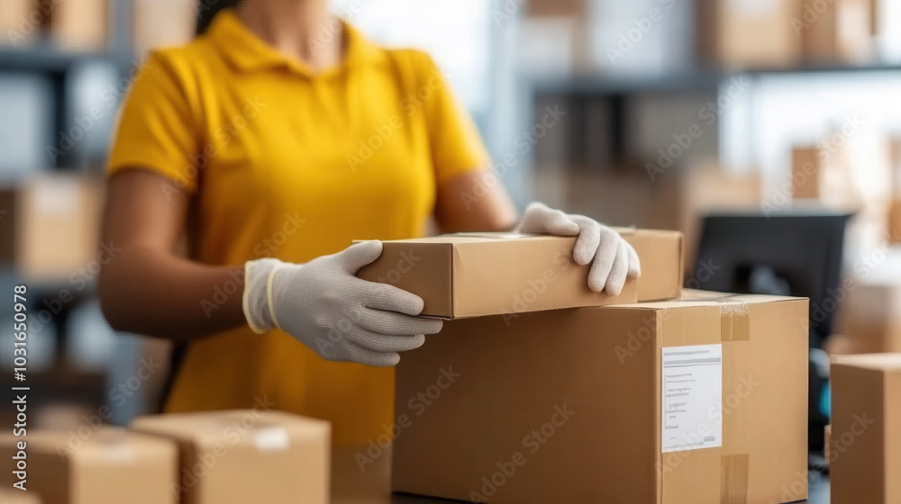 Efficient warehouse worker labeling packages with attention to detail, wearing gloves and yellow shirt. organized environment enhances productivity and focus Efficient warehouse worker labeling packages with attention to detail, wearing gloves and yellow shirt. organized environment enhances productivity and focus