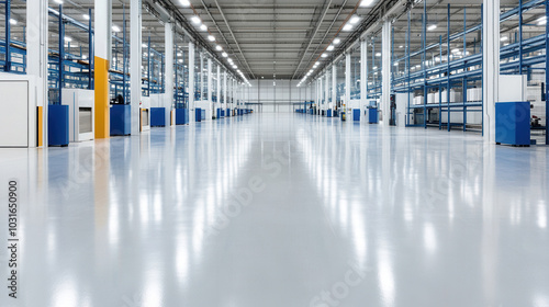spacious warehouse featuring transparent floors and modern design, showcasing clean and organized environment ideal for industrial operations