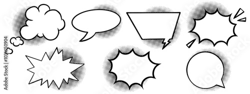 Retro comic Speech bubbles with halftone shadows. Funny textbox, dialog box, thought, message clouds in comic book pop art style. Vector doodle design element set isolated on transparent background.