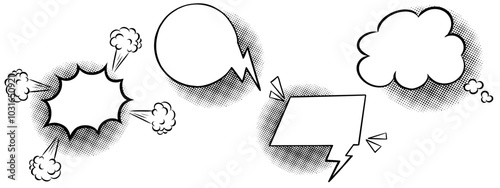 Set of comic Speech bubbles with dotted shadows. Funny explosion in comic book style, text cloud. Retro textbox, dialog box, thought in pop art style with halftone shadow. doodle design element.