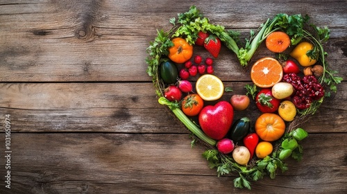 Fototapeta Naklejka Na Ścianę i Meble -  Heart shaped assortment of fresh vegetables and fruits on wooden background.
