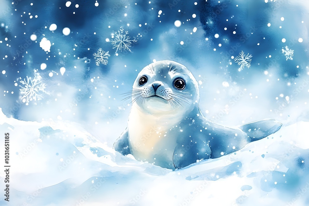 Playful Baby Seal Playing on Icy Winter Landscape with Falling Snowflakes in Soft Pastel Watercolor Playful Baby Seal Playing on Icy Winter Landscape with Falling Snowflakes in Soft Pastel Watercolor