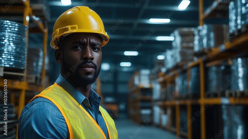 Warehouse worker in safety vest and helmet stands confidently in storage area, ensuring safety and efficiency in workplace Warehouse worker in safety vest and helmet stands confidently in storage area, ensuring safety and efficiency in workplace