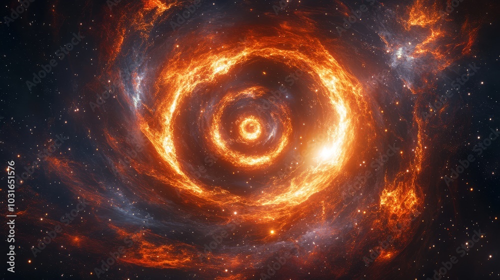 Fiery cosmic spiral twisting through the darkness of space, a vortex of light, gas, and dust reflecting the eternal cycles of the universe. Fiery cosmic spiral twisting through the darkness of space, a vortex of light, gas, and dust reflecting the eternal cycles of the universe.