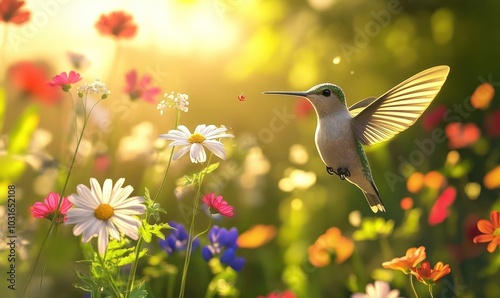 Fototapeta Naklejka Na Ścianę i Meble -  Hummingbird in Flight Over a Field of Wildflowers.