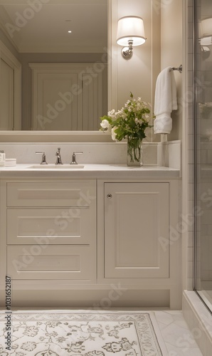 84. An elegant bathroom sink area with soft lighting