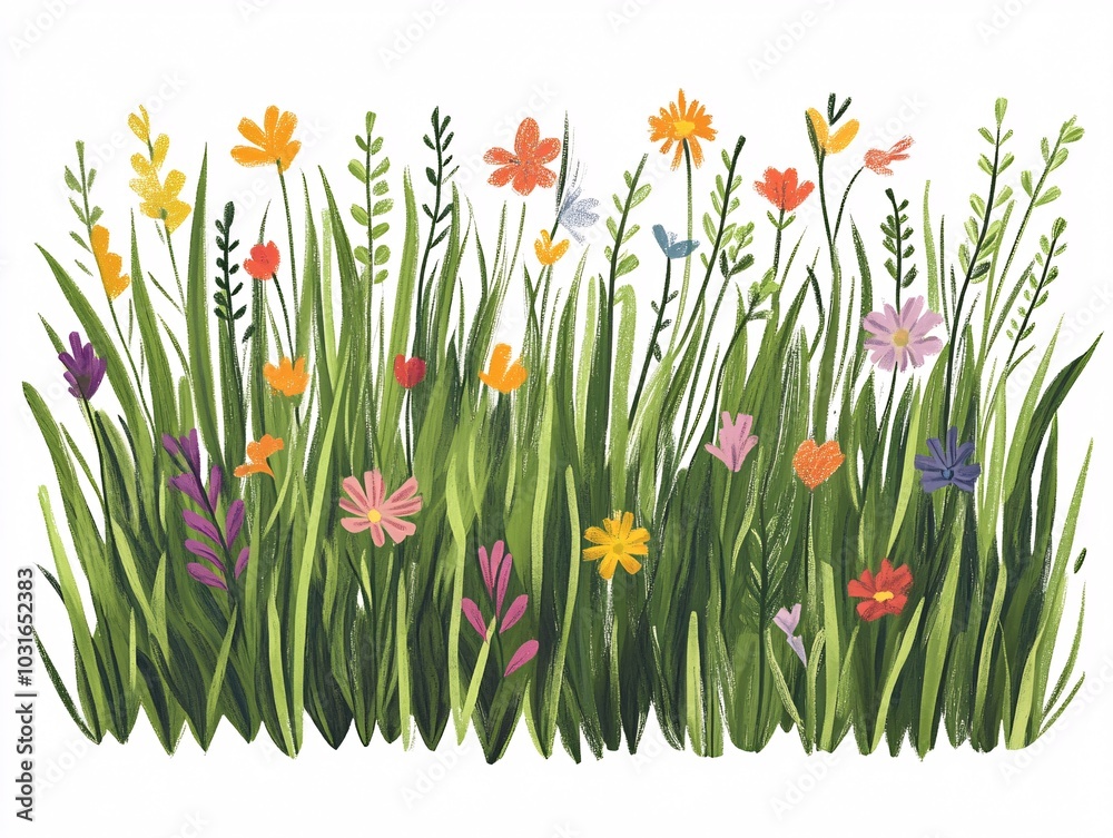 Fototapeta premium 2408 5.A flat style illustration of a collection of green grass, highlighting the diversity of natural landscapes. The scene is enriched by colorful flowers scattered amidst the grass, adding life to