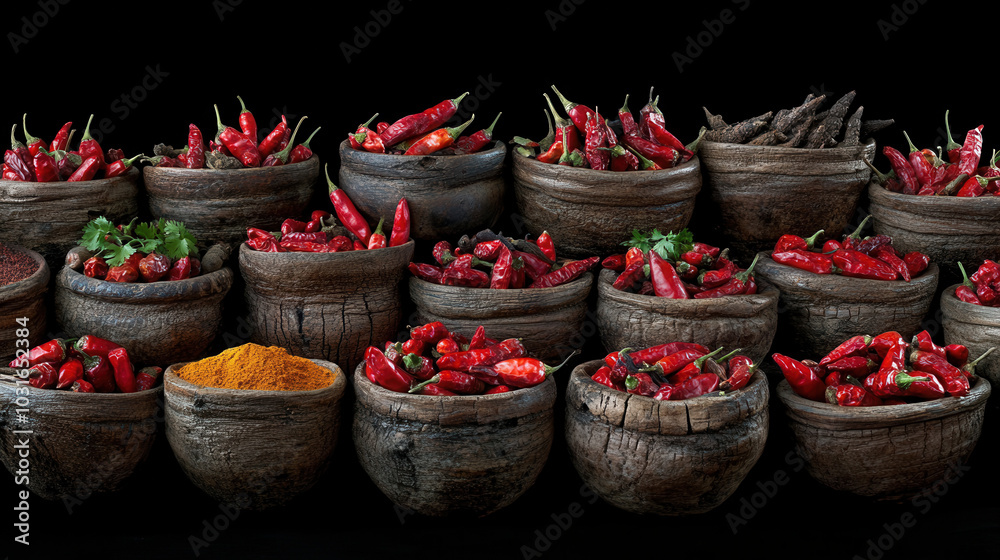 Fototapeta premium vibrant and earthy collection of spices featuring various types of red chilies and spices in rustic bowls, creating rich and colorful display