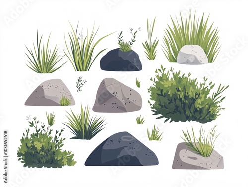 2408 70.A flat vector design showing a collection of grass patches interspersed with rocks and bushes. The clean, minimalist lines of the grass blades are contrasted with the rough texture of the photo