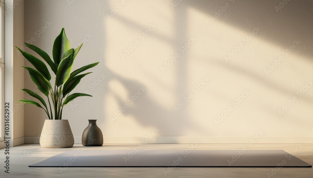 Cozy indoor space with a potted plant and decorative vase casting soft shadows on a light floor. Cozy indoor space with a potted plant and decorative vase casting soft shadows on a light floor.
