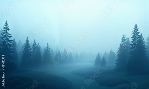 A foggy forest scene with trees silhouetted against a blue sky